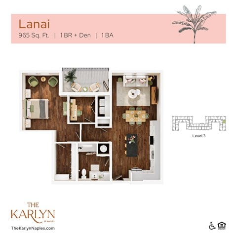Floor plan for 1 bed, 1 bath, 965 sqft